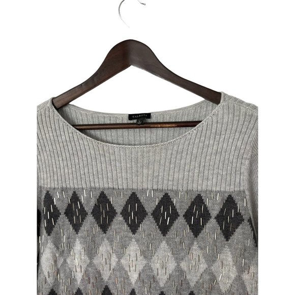 Talbots Women's Gray & Black Argyle Nylon Wool Beaded Sweater Sz L - Picture 2 of 3
